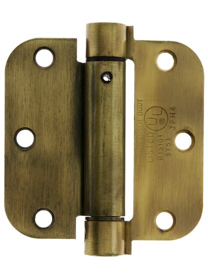 3 1/2 inch Spring Hinge With 5/8 inch Radius Corners Antique Brass.